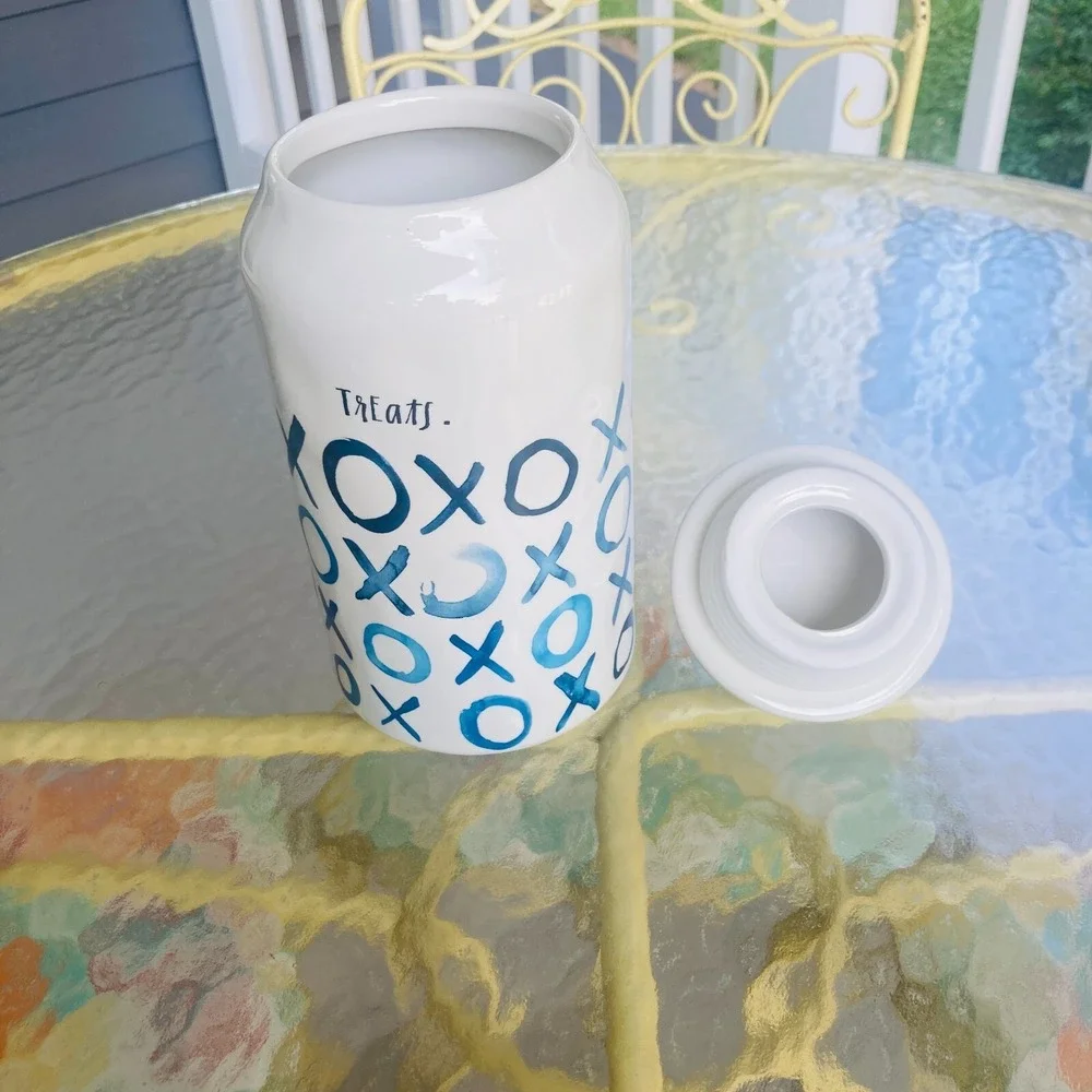 Rae Dunn Artesian Collection Treats XOXO Indigo Blue Boutique Canister Dimpled